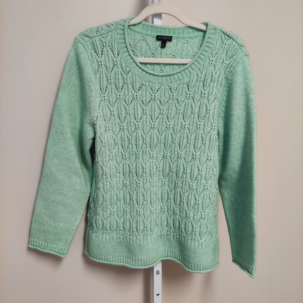 Talbots Womens XL Mint Green Pointelle Open Knit Crewneck Sweater Grandma Preppy